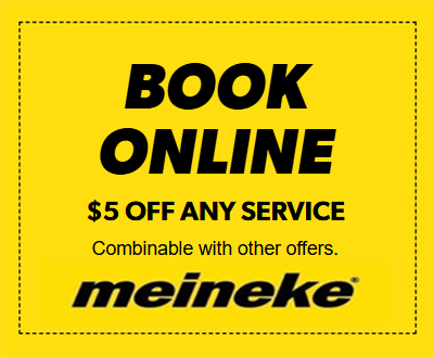 Promo yellow card: 'BOOK ONLINE' in bold, '$5 OFF ANY SERVICE', 'Combinable with other offers.' plus the Meineke logo. - Auto Repair in York, PA