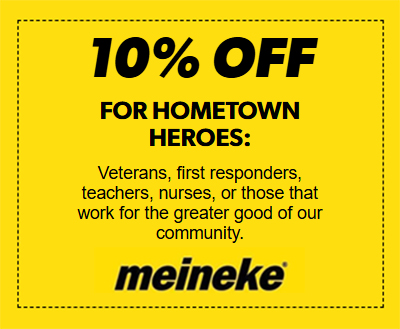Bright yellow promo sign offering 10% off for hometown heroes (veterans, first responders, teachers, nurses) with the Meineke logo. - Auto Repair in York, PA
