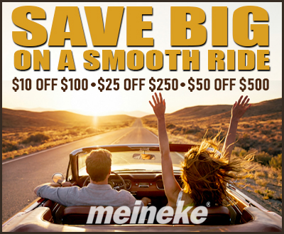Advertisement for Meineke: two people in a convertible on an open road at sunset with bold 'SAVE BIG ON A SMOOTH RIDE' and coupon offers on top. - Auto Repair in York, PA